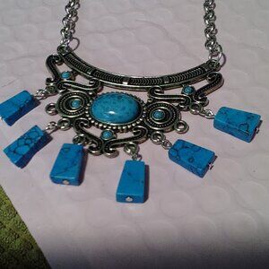 Western Died Howlite Turquoise & Silver Statement Necklace